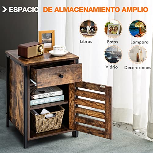 COSTWAY Mesita de Noche en Estilo Industrial, Mesita Auxiliar con Puerta de Persiana y Cajón, Armario con Repisa Regulable en Altura, Mesita para Salón Dormitorio Baño, Marrón Rústico 40 x 40 x 60 cm