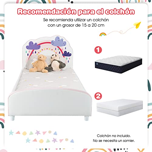 COSTWAY Plataforma Cama con Tema Arcoíris Cabecera y Estribo para Niños, Cama para Niños con Listones de Madera y Pies Regulables, Ideal para Niños 2-6 Años, Ningún Canapé Requerido