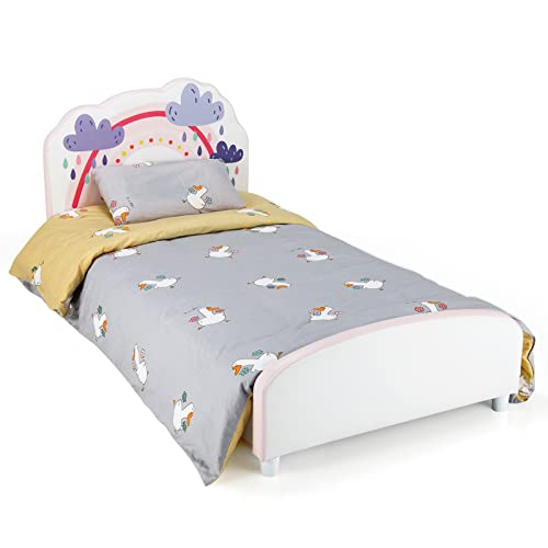 COSTWAY Plataforma Cama con Tema Arcoíris Cabecera y Estribo para Niños, Cama para Niños con Listones de Madera y Pies Regulables, Ideal para Niños 2-6 Años, Ningún Canapé Requerido