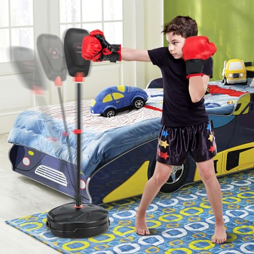 COSTWAY Saco de Boxeo de Altura Ajustable 6 Niveles de 95-126 cm, Punching Ball con Base Rellenable de Agua, Saco de Boxeo sin Inflación, Guantes de Boxeo, Saco Boxeo niños de 5+ Años