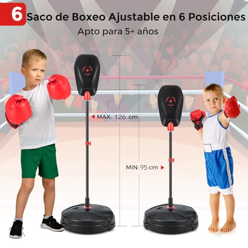 COSTWAY Saco de Boxeo de Altura Ajustable 6 Niveles de 95-126 cm, Punching Ball con Base Rellenable de Agua, Saco de Boxeo sin Inflación, Guantes de Boxeo, Saco Boxeo niños de 5+ Años