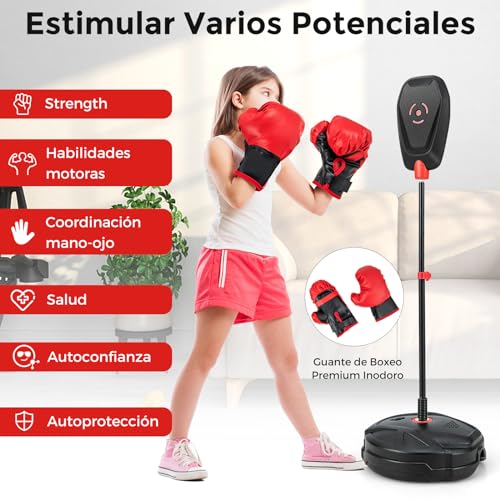 COSTWAY Saco de Boxeo de Altura Ajustable 6 Niveles de 95-126 cm, Punching Ball con Base Rellenable de Agua, Saco de Boxeo sin Inflación, Guantes de Boxeo, Saco Boxeo niños de 5+ Años