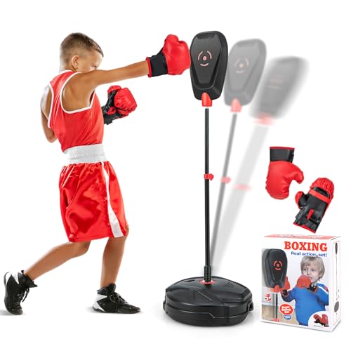 COSTWAY Saco de Boxeo de Altura Ajustable 6 Niveles de 95-126 cm, Punching Ball con Base Rellenable de Agua, Saco de Boxeo sin Inflación, Guantes de Boxeo, Saco Boxeo niños de 5+ Años