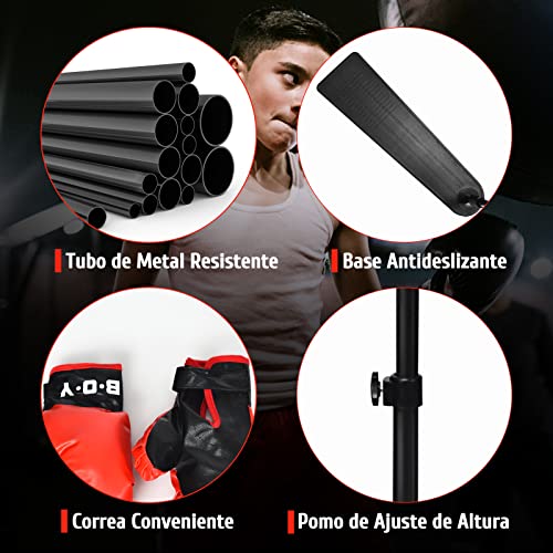 COSTWAY Saco de Boxeo de Altura Regulable de 85 a 130 cm, Juego de Boxeo para Niños de Pie con Guantes de Boxeo y Bomba Manual, Adecuado para Niños y Niñas a Partir de 8 Años