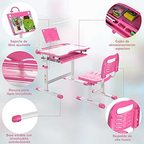 COSTWAY Set Escritorio y Silla para Niños +6 Años, Pupitres Infantil Altura Ajustable y Reclinable, Escritorio Infantil con Luz LED, Atril para Libros, Portalápices, 64X49X52-79cm Rosa