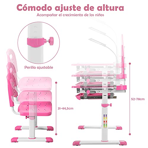 COSTWAY Set Escritorio y Silla para Niños +6 Años, Pupitres Infantil Altura Ajustable y Reclinable, Escritorio Infantil con Luz LED, Atril para Libros, Portalápices, 64X49X52-79cm Rosa