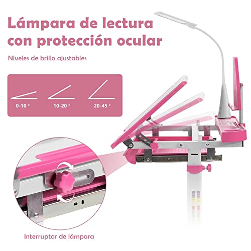 COSTWAY Set Escritorio y Silla para Niños +6 Años, Pupitres Infantil Altura Ajustable y Reclinable, Escritorio Infantil con Luz LED, Atril para Libros, Portalápices, 64X49X52-79cm Rosa