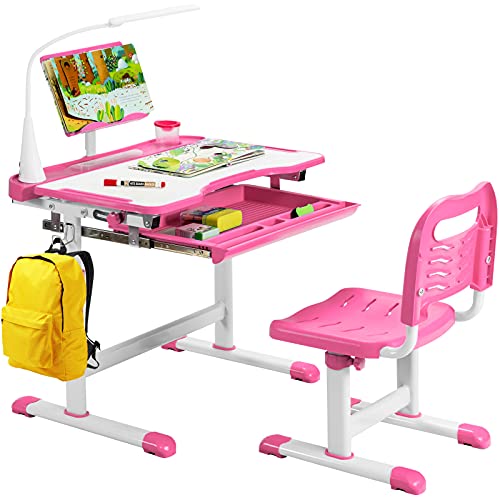 COSTWAY Set Escritorio y Silla para Niños +6 Años, Pupitres Infantil Altura Ajustable y Reclinable, Escritorio Infantil con Luz LED, Atril para Libros, Portalápices, 64X49X52-79cm Rosa