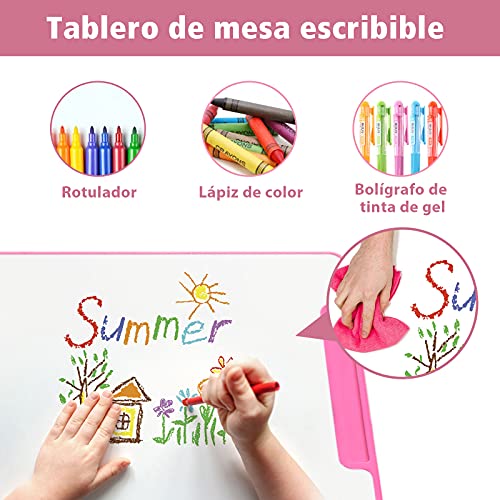 COSTWAY Set Escritorio y Silla para Niños +6 Años, Pupitres Infantil Altura Ajustable y Reclinable, Escritorio Infantil con Luz LED, Atril para Libros, Portalápices, 64X49X52-79cm Rosa