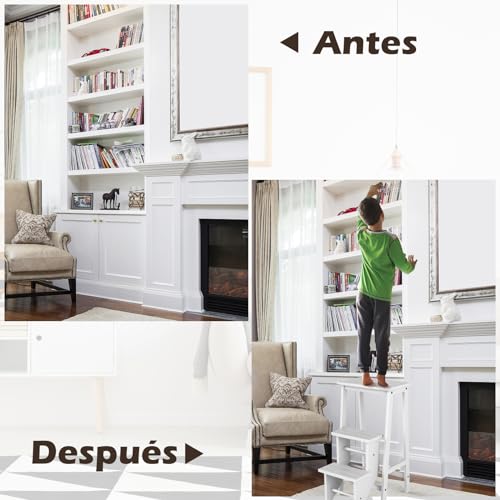 COSTWAY Taburete Plegable de 3 peldaños, Escalera Madera Multifuncional con Escalones Reversibles, Silla Escalera de Madera con Asa de Transporte, Escalera Portátil para Escalar (Blanco)