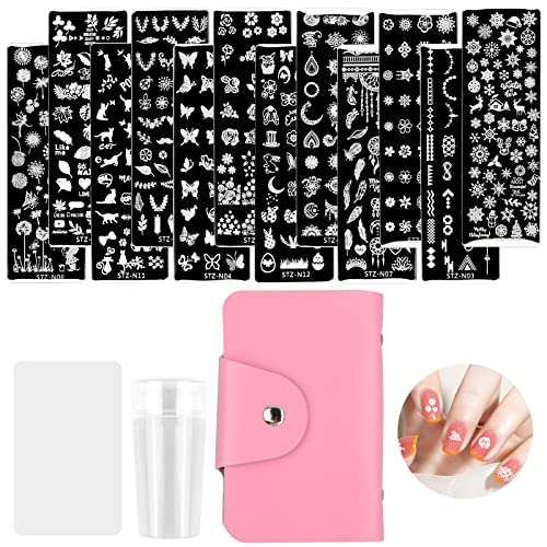 Cozlly 12 Pcs Plantillas para Uñas con y Bolso,Nail Art Stamping Placas Uñas,Nail Stamping Kit,Plantilla Estampado de Uñas Sello,Raspador Silicona Nail Art Stamper,para Nail DIY