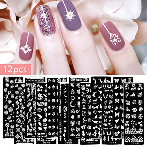 Cozlly 12 Pcs Plantillas para Uñas con y Bolso,Nail Art Stamping Placas Uñas,Nail Stamping Kit,Plantilla Estampado de Uñas Sello,Raspador Silicona Nail Art Stamper,para Nail DIY