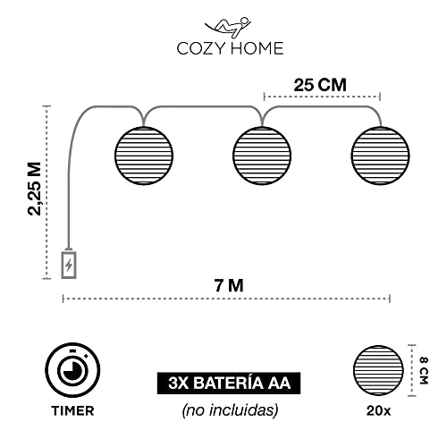 CozyHome - Guirnalda luces con farolillos decorativos de papel blanco (Batería)