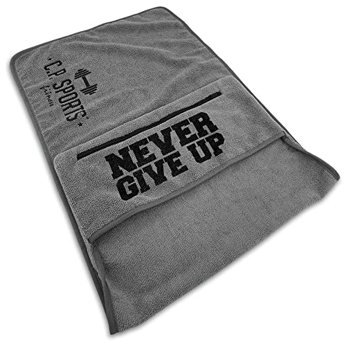 C.P. SPORTS Fitness Towel Microfibre | Fijación + Bolsa con Cremallera | Gimnasio Entrenamiento Deporte | Extra Suave, Lavable, Larga y Grande | para Mujeres y Hombres | Color Gris Claro