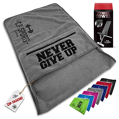 C.P. SPORTS Fitness Towel Microfibre | Fijación + Bolsa con Cremallera | Gimnasio Entrenamiento Deporte | Extra Suave, Lavable, Larga y Grande | para Mujeres y Hombres | Color Gris Claro