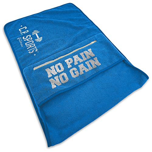 C.P. Sports Fitness Towel Microfibre | Fijación + Bolsa con Cremallera | Gimnasio Entrenamiento Deporte | Extra Suave, Lavable, Larga y Grande | para Mujeres y Hombres | Color Azul