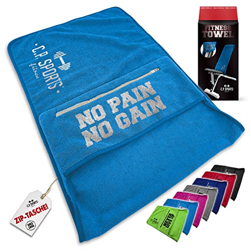 C.P. Sports Fitness Towel Microfibre | Fijación + Bolsa con Cremallera | Gimnasio Entrenamiento Deporte | Extra Suave, Lavable, Larga y Grande | para Mujeres y Hombres | Color Azul