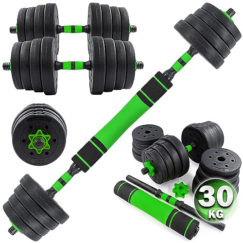 C.P.Sports 2in1 Juego de mancuernas y pesas 30kg | 4x 1,25kg -4x 1,5kg -4x 2,0kg - 4x 2,5kg pesas - 2x mangos | Placas de plástico para entrenamiento con pesas, fitness, gimnasio en casa |verde-negro