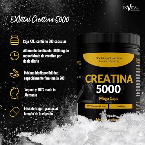 Creatina 5000 Mega capsulas, preentreno, 5000 mg de monohidrato de creatina por dosis diaria, 300 cápsulas veganas, 100% pura con factor de malla 200- Halal & Vegan, workout