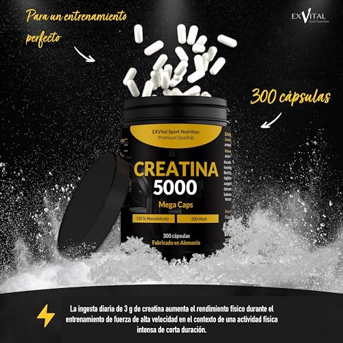 Creatina 5000 Mega capsulas, preentreno, 5000 mg de monohidrato de creatina por dosis diaria, 300 cápsulas veganas, 100% pura con factor de malla 200- Halal & Vegan, workout