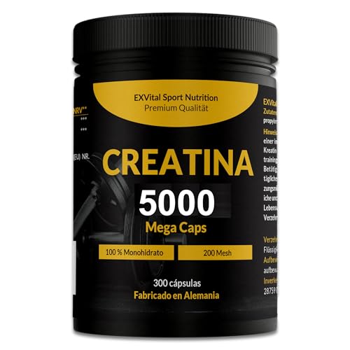 Creatina 5000 Mega capsulas, preentreno, 5000 mg de monohidrato de creatina por dosis diaria, 300 cápsulas veganas, 100% pura con factor de malla 200- Halal & Vegan, workout