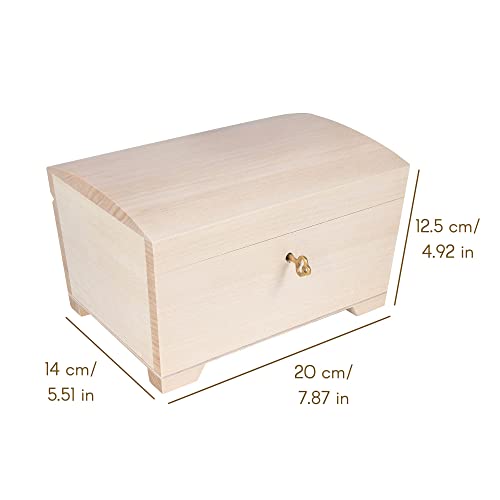 Creative DECO Caja de Madera con Llave | 20 x 14,5 x 11,7 cm | con Cerradura y Tapa Redondeada | Sin Pintar | Cofre para Decorar Almacenar Joyería y Objetos de Valor Navidad