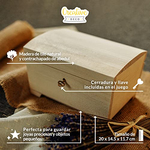 Creative DECO Caja de Madera con Llave | 20 x 14,5 x 11,7 cm | con Cerradura y Tapa Redondeada | Sin Pintar | Cofre para Decorar Almacenar Joyería y Objetos de Valor Navidad