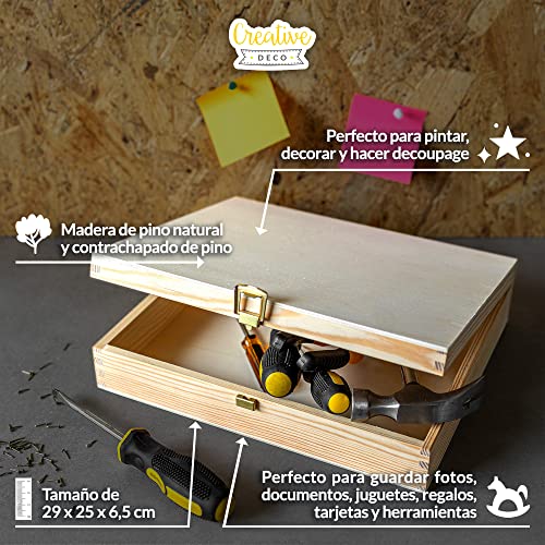 Creative DECO Plana Caja Madera para Decorar con Tapa | 29 x 25 x 6,5 cm | Decoración Decoupage Almacenaje Herramientas Documentos Objetos de Valor Juguetes Navidad