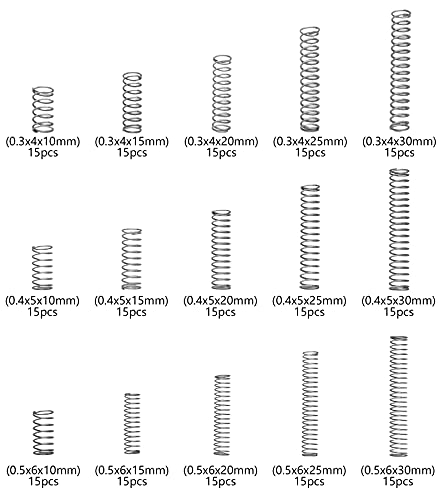 CREEYA Kit Surtido de resortes de compresión, 15 tamaños Diferentes, 225 Piezas, Mini resortes de Acero Inoxidable para Reparaciones, 10 mm - 30 mm de Longitud, 4-6 mm de diámetro Exterior