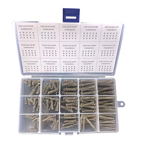 CREEYA Kit Surtido de resortes de compresión, 15 tamaños Diferentes, 225 Piezas, Mini resortes de Acero Inoxidable para Reparaciones, 10 mm - 30 mm de Longitud, 4-6 mm de diámetro Exterior