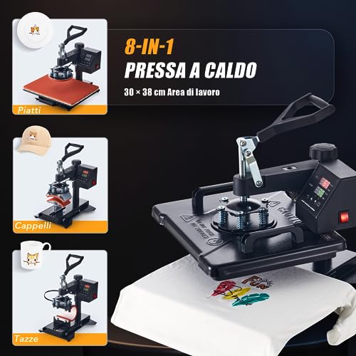 CREWORKS 8 en 1 Prensa de Calor 30X38CM con Pantalla LED Máquina de Sublimación Giratoria 360° Prensa Térmica para DIY Camisetas, Bolsas y Sombreros (30x38cm 8 en 1)