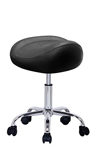 Crisnails® Taburete de Peluquería, Silla de Peluquería, Asiento de Material Cuero Sintético y Diseño Ergonómico, Altura Regulable, Giratorio 360º y Base Estable con 5 Rueditas, Color Negro