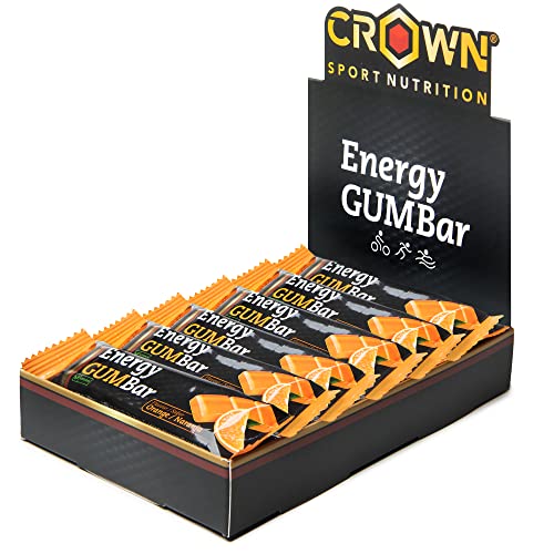 Crown Sport Nutrition Energy GUM Bar - Barritas energéticas de gominola sin cafeína. Gel energético. Gummies Veganas. Ciclismo, running. (12 unidades de naranja)