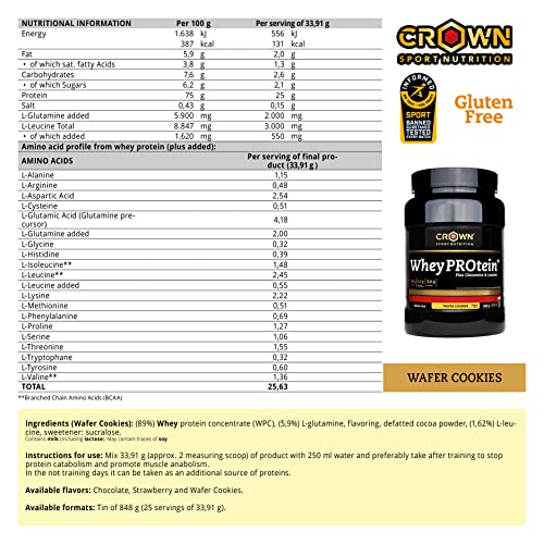 Crown Sport Nutrition Whey PROtein+ - Concentrado proteína suero de leche con aminoácidos Leucina y Glutamina con certificado antidoping Informed Sport (Bote de 848g, sabor wafer cookies)