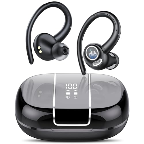 Csasan Auriculares Inalambricos Deportivos, Auriculares Bluetooth 5.3 con HD Micrófono, 48H de Reproducción HiFi Estéreo Cascos Inalambricos con Pantalla LED, Auriculares Impermeables Running, Negro