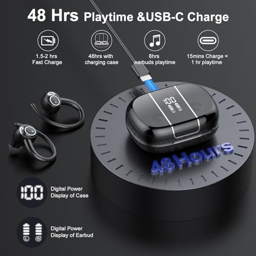 Csasan Auriculares Inalambricos Deportivos, Auriculares Bluetooth 5.3 con Llamada Clara CVC8.0, 48H de Reproducción HiFi Estéreo Cascos Inalambricos con Pantalla LED, IP7 Impermeables/Running/Sport