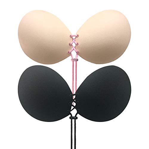 CtopoGo 2 Pack Sujetador Adhesivo, Sin Tirantes Mujeres Reutilizable Invisible Sujetador Push UP Bra con Gel Adhesivo y Ajustable String (B, Negro/Rosa)