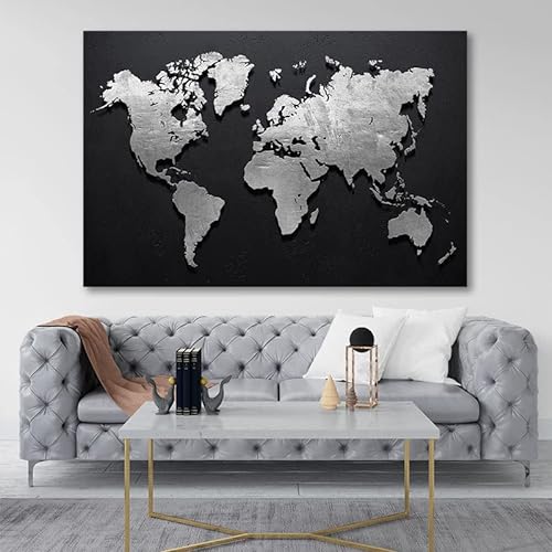 Cuadro de Mapa del Mundo, decoración de pared, 90 x 60 cm y 120 x 80 cm, impresión fotográfica sobre lienzo tensada en un marco de madera (90 x 60 cm)