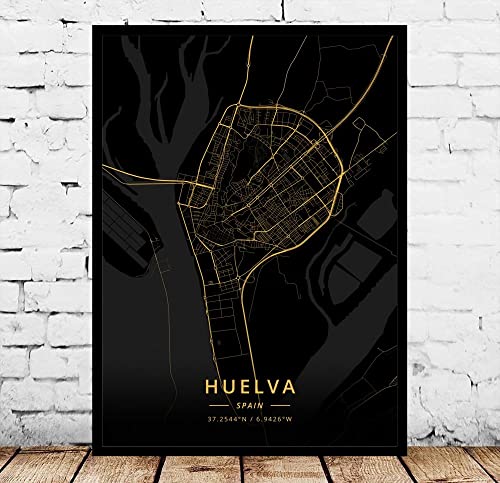 Cuadro Sobre Lienzo,Huelva España Mapa De La Ciudad Arte De La Pared Carteles Modernos Impresiones Grandes Imágenes Oro Negro Rectángulo De La Ciudad Pinturas Pop Murales Obras De Arte Para La Dec