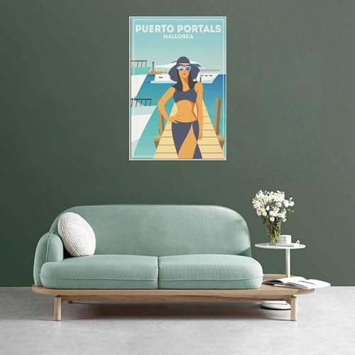 Cuadros decorativos Póster de viaje Vintage para chica de Puerto Portals Mallorca, lienzo, pinturas de pared, Mural artístico, decoración del hogar Sin marco 40x60cm