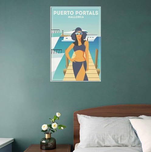 Cuadros decorativos Póster de viaje Vintage para chica de Puerto Portals Mallorca, lienzo, pinturas de pared, Mural artístico, decoración del hogar Sin marco 40x60cm