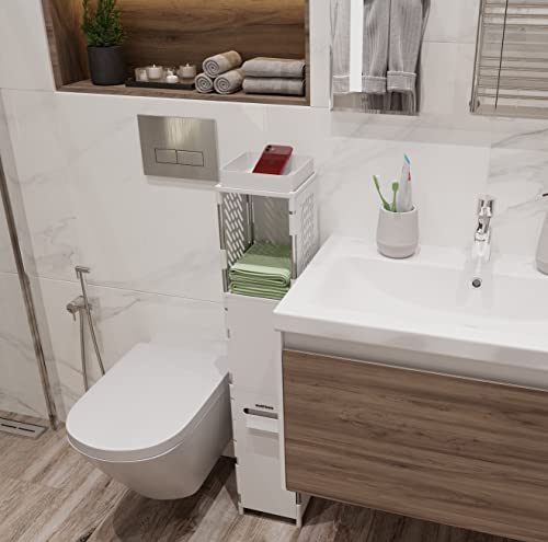 CUBIBOO®️ Mueble Auxiliar Baño Blanco en Plástico 4 Alturas (105x20x20 CM) | Armario Baño, Cocina y Despensa Pequeño en Polipropileno | Mueble Auxiliar Multifuncional