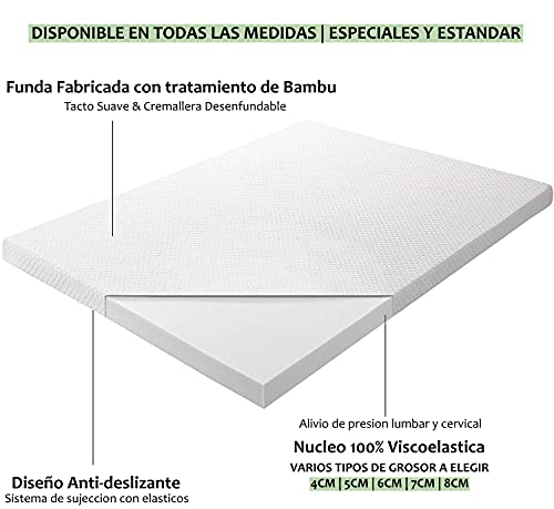 Cubrecolchon Topper 100% Viscoelastico | 120 x 190cm | Grosor 5CM | Fabricado en España | Libera Presion Cervical y Lumbar | Tratamiento Bambu | Anti-alergenico | Transpirable