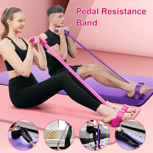 Cuerda de tracción elástica multifunción para pedal,Home Cuerda de tensión elástica de 4 tubos para ejercicios abdominales, para abdominales, talla, brazo, piernas, estiramiento, adelgazamiento (rosa)