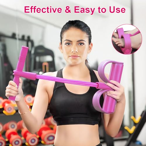 Cuerda de tracción elástica multifunción para pedal,Home Cuerda de tensión elástica de 4 tubos para ejercicios abdominales, para abdominales, talla, brazo, piernas, estiramiento, adelgazamiento (rosa)