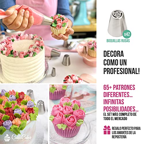 CukkiCakes Boquillas Rusas de Repostería - Set Decoración de Cupcakes y Tartas (92pcs): 65 Boquillas + 20 Mangas Pasteleras Desechables + Bolsa Silicona Reutilizable + 4 Adaptadores + Accesorios