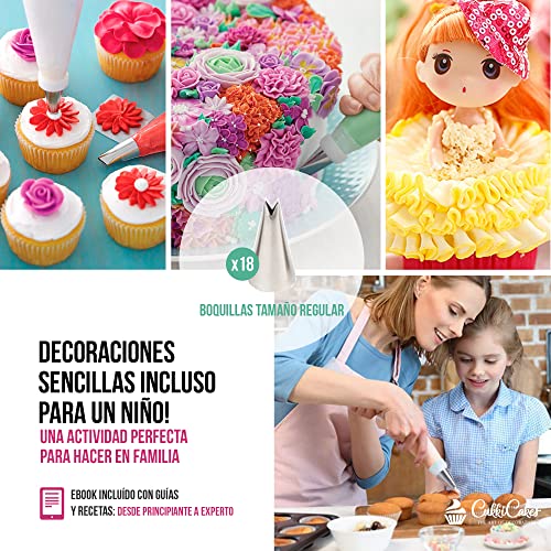 CukkiCakes Boquillas Rusas de Repostería - Set Decoración de Cupcakes y Tartas (92pcs): 65 Boquillas + 20 Mangas Pasteleras Desechables + Bolsa Silicona Reutilizable + 4 Adaptadores + Accesorios