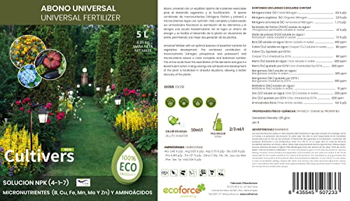 CULTIVERS Fertilizante Universal Ecológico Líquido de 5L. Abono 100% Orgánico y Natural. Solución NPK (4-1-7) con Micronutrientes (B, CU, Fe, MN, Mo Y Zn) con Aminoácidos