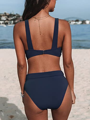 CUPSHE Conjunto de bikini para mujer, cintura alta, cuello en V, correas anchas, gancho trasero, copas suaves extraíbles, traje de baño vintage push up, 2 piezas, azul oscuro, M