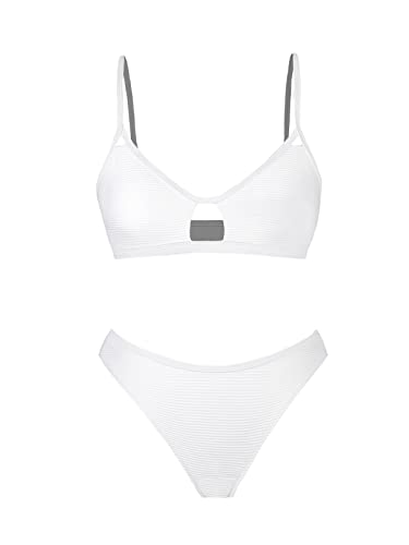 CUPSHE Conjunto de bikini para mujer, traje de baño de cintura media, corte alto, tirantes delgados, acanalado descarado, Blanco, Medium